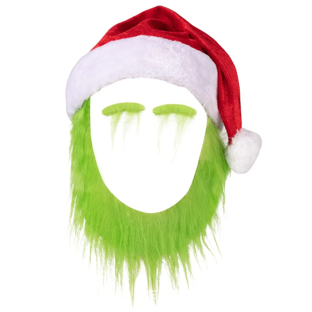 Gorro de Papá Noel con barba verde y guantes peludos para adultos, conjunto de juego de rol de personajes navideños, accesorios de disfraz de Cosplay para hombre