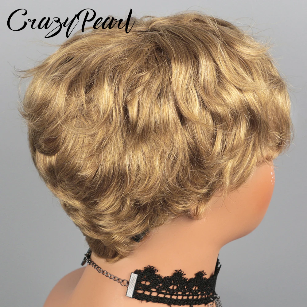 Perruques courtes CrazyPearl en cheveux humains, couleur brun clair, coupe pixie, 100 % cheveux naturels, entièrement fabriquées à la machine, sans colle
