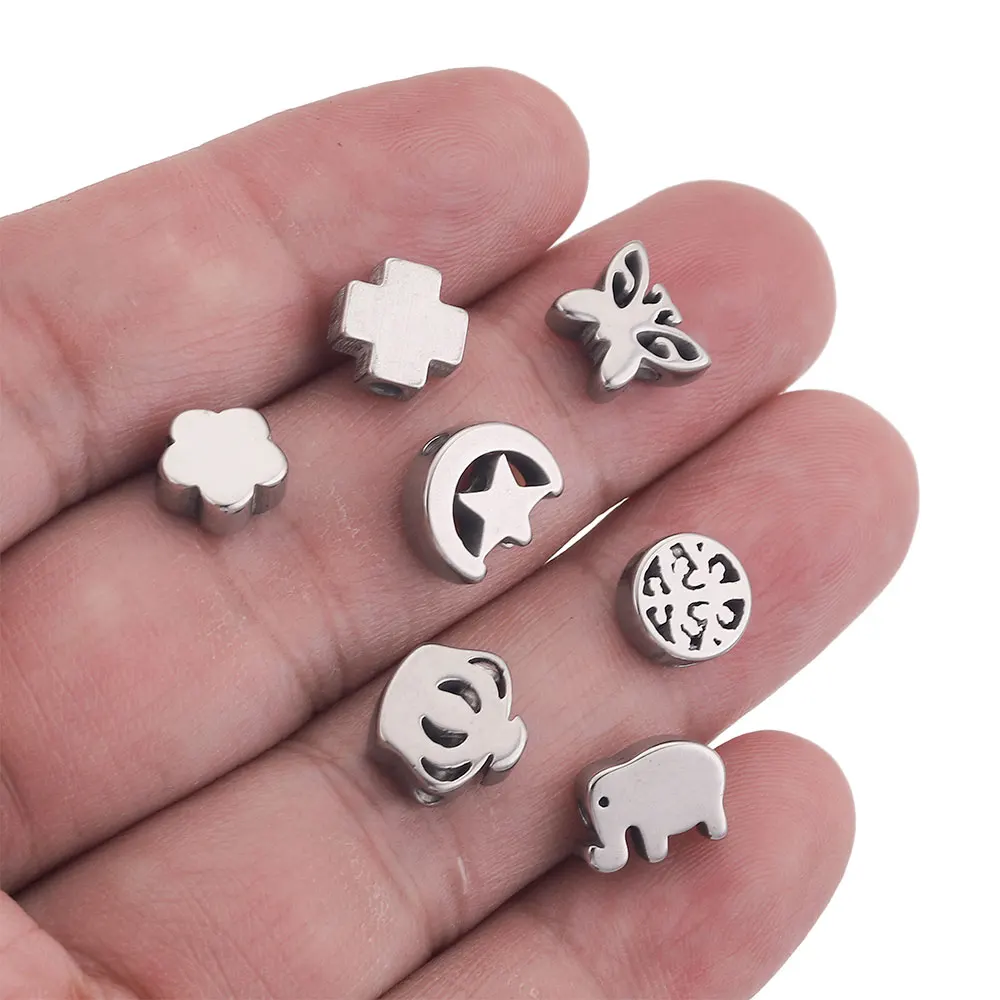 10Pcs/lot Hole 2mm Stainless Steel Crown Flower Butterfly Charms Spacer Beads for Needlework Jewelry Making Supplies Bracelets