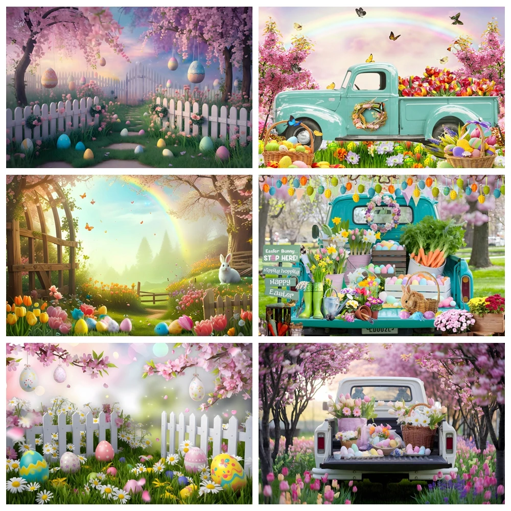 

Spring Easter Bunny Eggs Garden Flowers Backdrop Blue Truck Kids Birthday Party Decor Photography Background Photo Studio Props