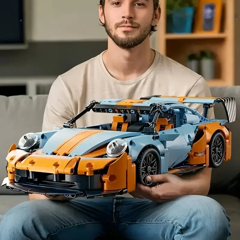 1258-delige blauwe racewagen DIY-modelbouwstenen, creatieve educatieve blokken ontworpen voor jongeren en volwassenen, woondecoratie, verjaardagscadeaus, kerstcadeaus