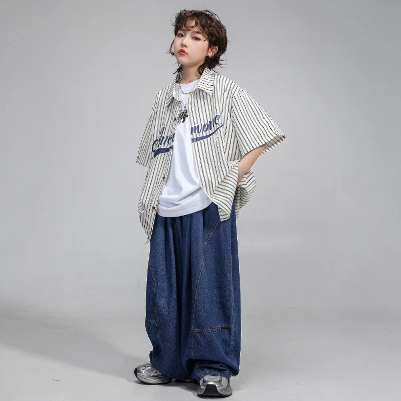 طفل Kpop الهيب هوب الملابس مخطط قصيرة الأكمام قميص الدنيم الأزرق عادية فضفاض الجينز السراويل لفتاة صبي ملابس رقص الجاز الملابس