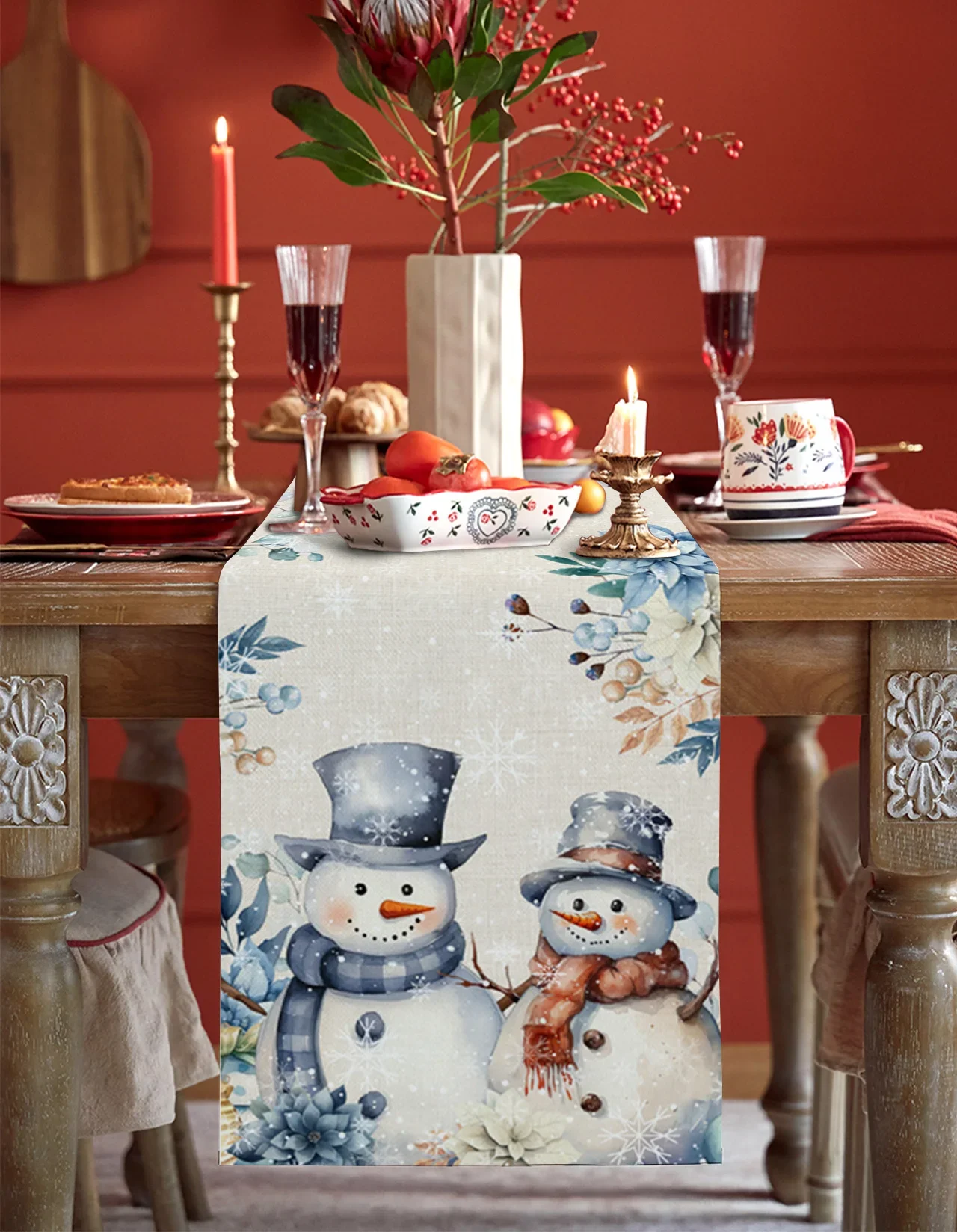 Christmas Winter Pinecone Snowman Snowflake Table Runner Decoration Home Decor Dinner Table Decoration Table Decor