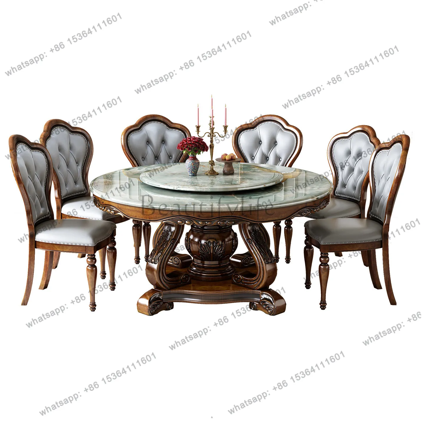 High-end marble dining table American solid wood carving flower household round table with turntable