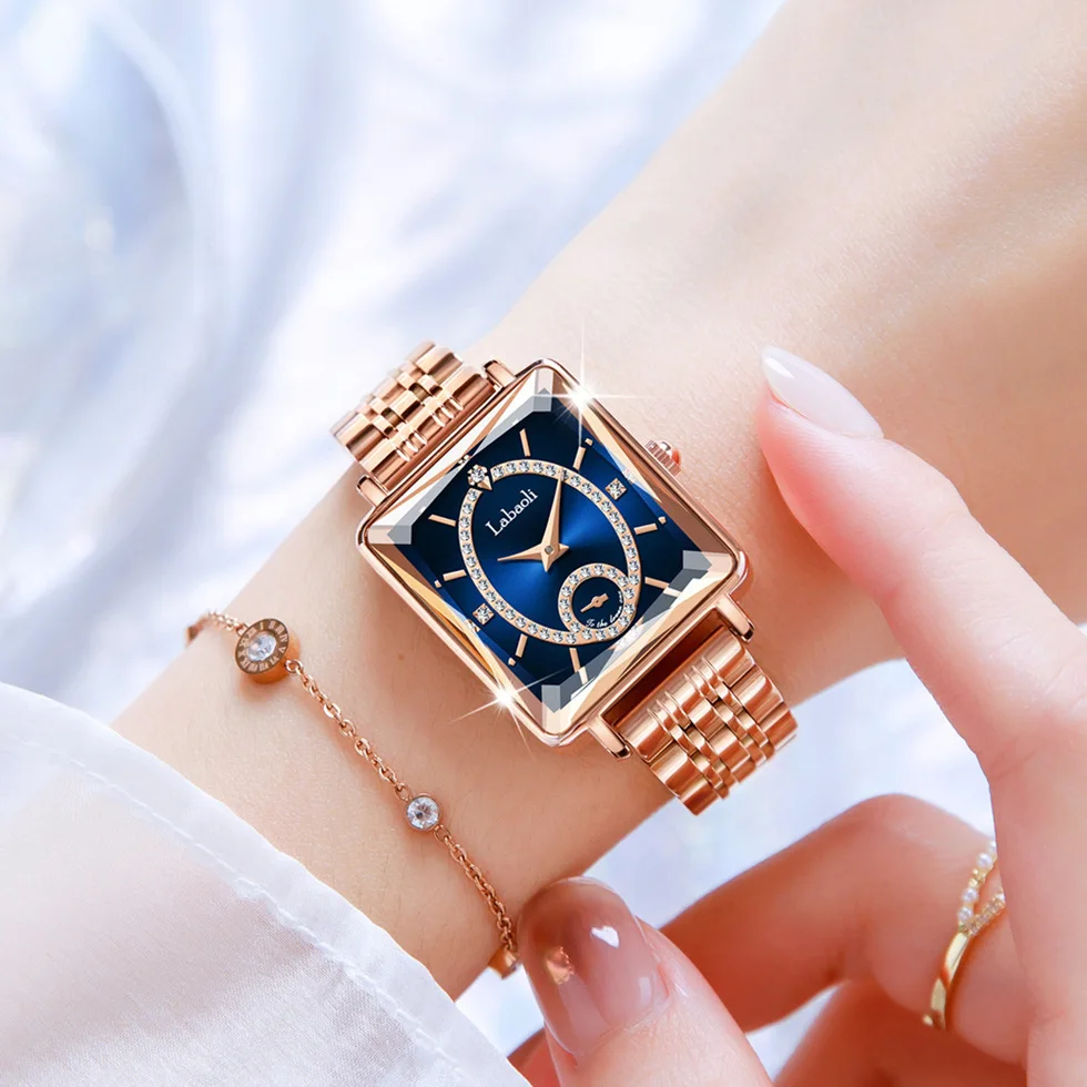 Luxury Square Women Quartz Watch, Diamond Inlaid Sub-second Dial Elegant Ladies Wristwatch