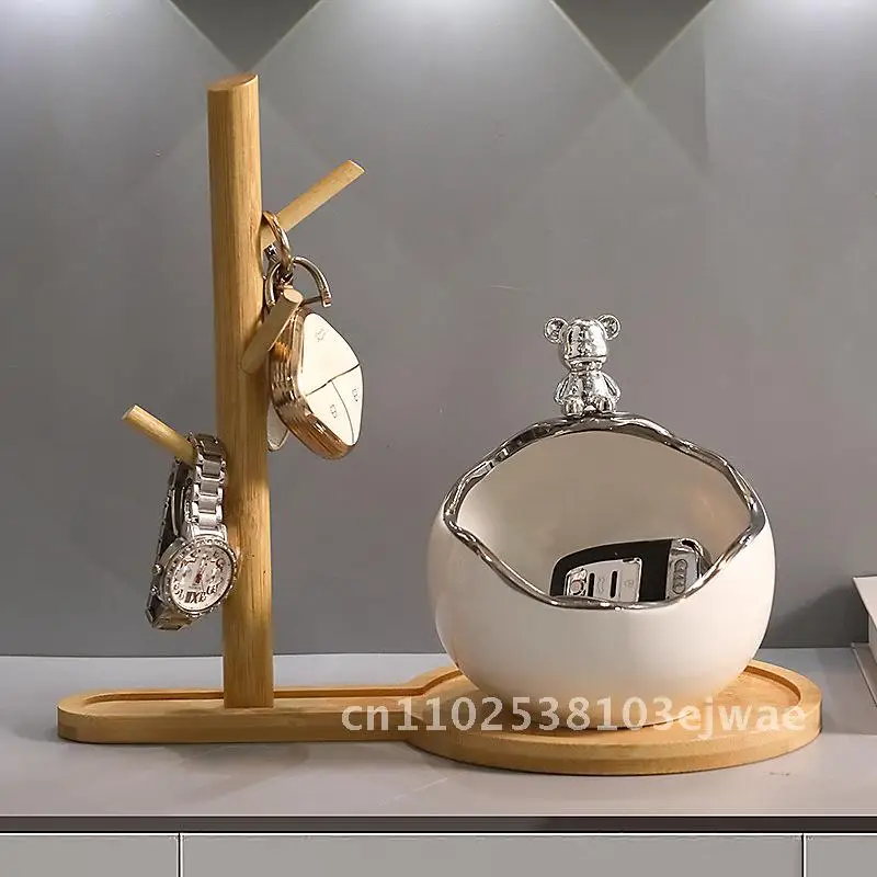 

Luxury High-End Ceramic Bear Key Storage Rack Engraved Hand Painted Wooden Frame Shoe Cabinet for Living Room Decor
