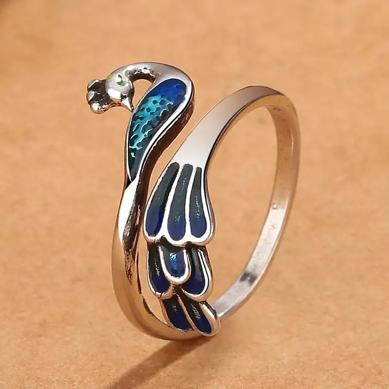 

Регулируемое открытое кольцо с эмалью в виде павлина, синее, женское, винтажное, креативное, для указательного пальца, модное украшение, позолоченное медью