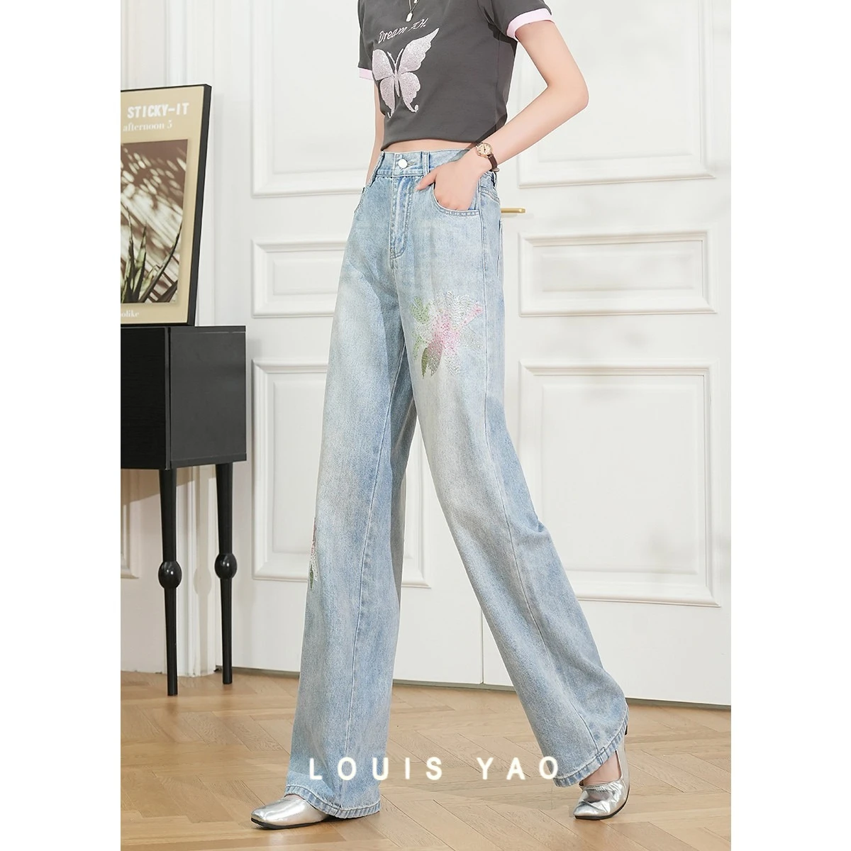 

LOUIS YAO High Waist Loose Fit Women Jeans 2025 Summer New Casual Fashion Denim Pants Straight Wide Leg Pants