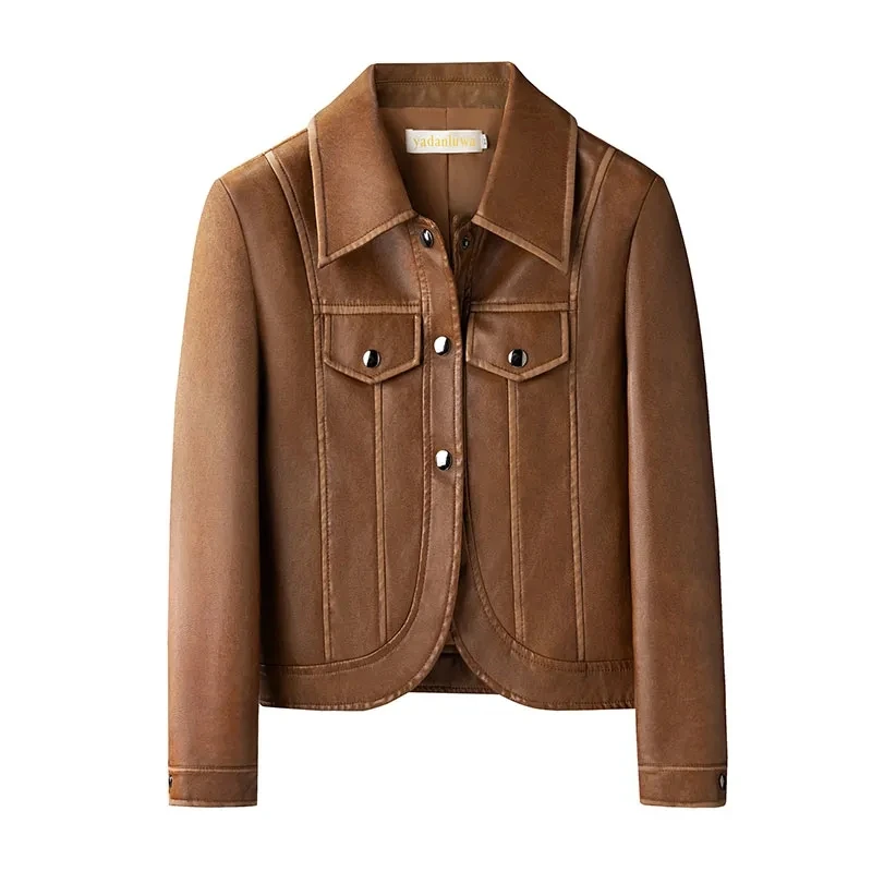 2025 New Spring Autumn Lapel Fashion Temperament Motorcycle Leather Jacket Tops Women's Short Slim PU Leather Jacket Coats