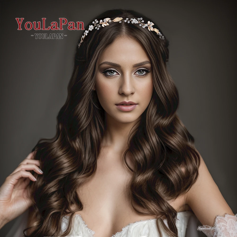 YoulaPan-Elegante Headband para a Noiva, Acessórios Do Cabelo Do Casamento, Liga Folha, Bridal Headpiece, Cor Dourada, Mulheres Cabelo Vine, HP122