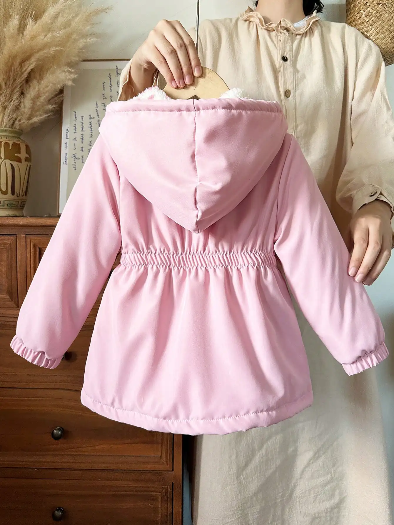 SHEIN Elladie kids 1pc Young Girl Winter New Pink Floral Thermal Lined Zipper With Elastic Waist And Hood, Thickened Warm Casual Commute Versatile Simple Fashion Cold-Proof Jacket