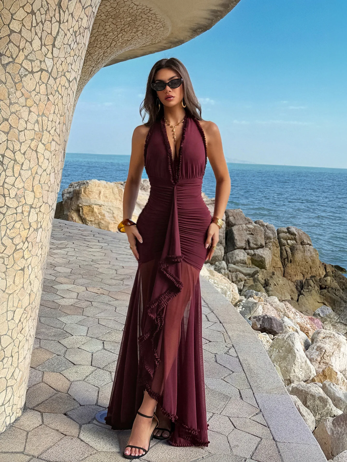Women's Dress Best seller Burgundy Halter Neck Sleeveless High Waist Maxi Dress Elegant Sexy Evening Party Wedding Guest Prom