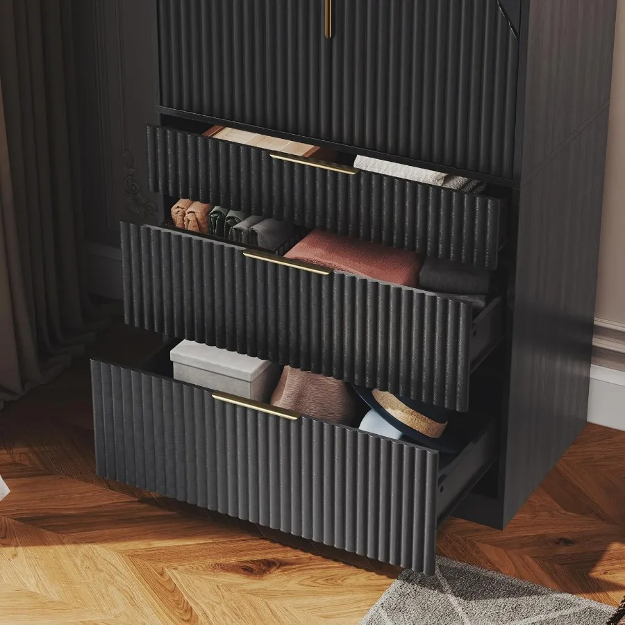 71.7 Freestanding Wooden Wardrobe Armoire with 2 Doors and 3 Drawers for Bedroom Storage Large Capacity Closet with Hanging Rod