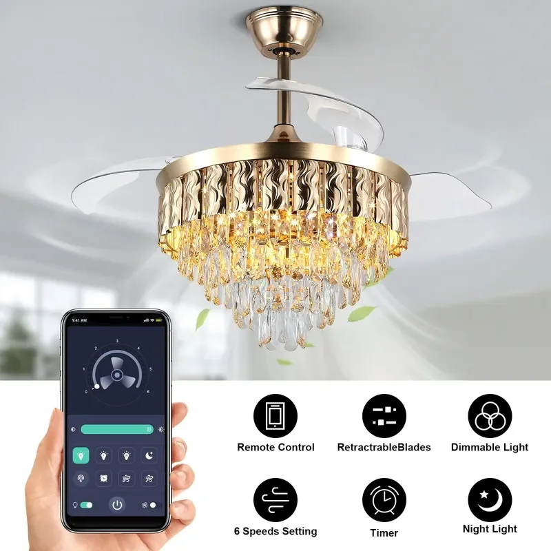 Retractable LED Ceiling Fan with Light Smart Remote Control Hidden Blade Design Modern Home Lighting Fixture Energy Saving