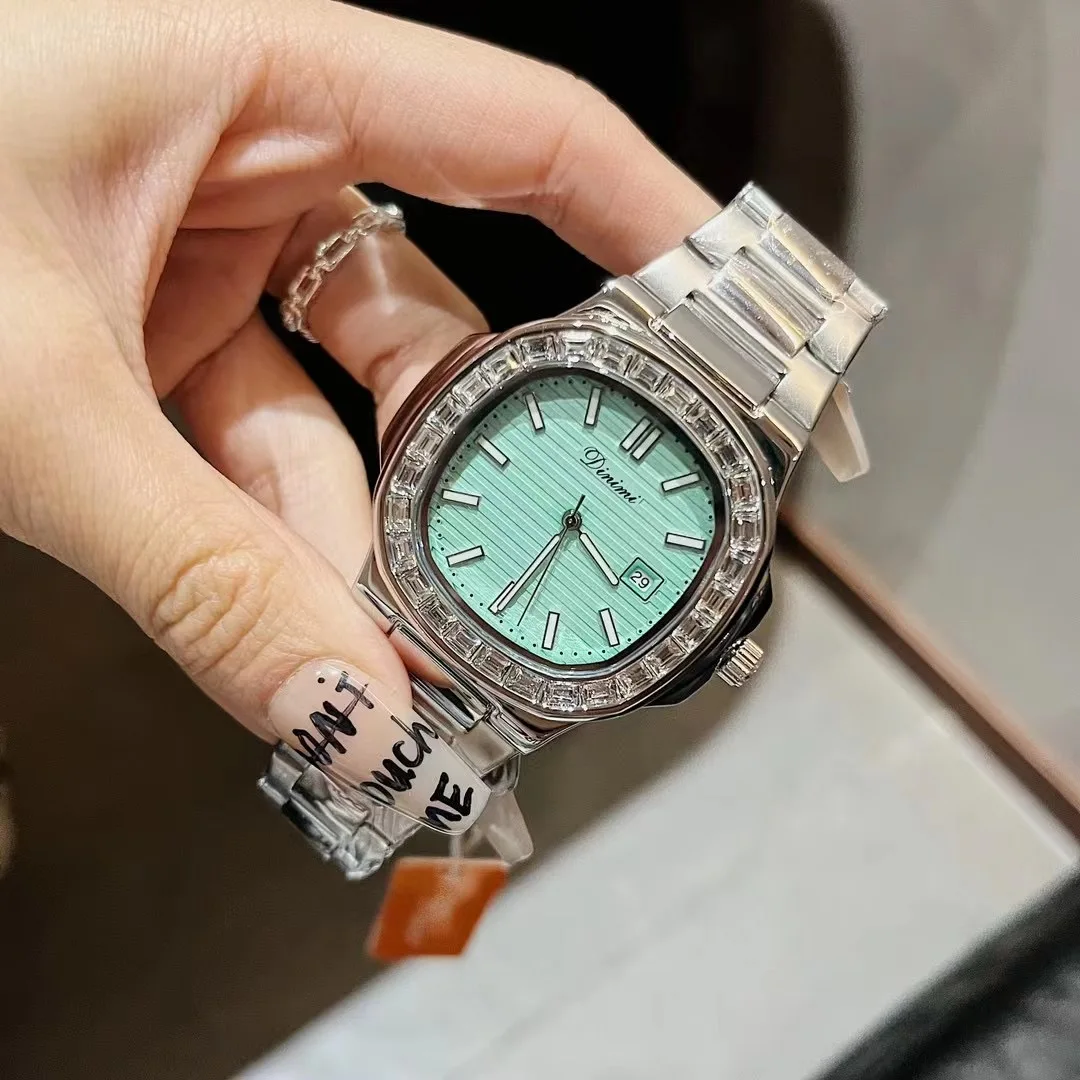 Unusual Mint Green Unisex Square Women Zircons Watches Calendar Quartz Fashion Steel Neutral Watch Calendar Clock 3ATM Relogios