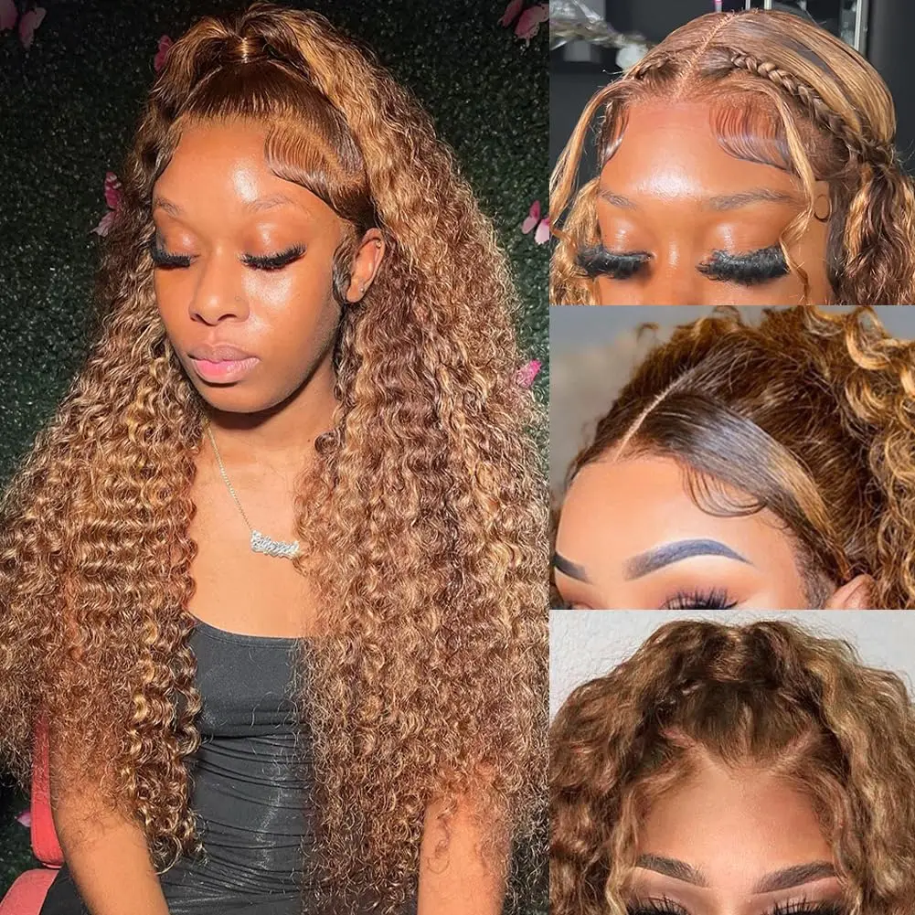 

Ombre Honey Blonde 13x4 Water Wave Lace Front Human Hair Wigs for Women 250% Density 4/27 Colored Highlight Curly Wigs