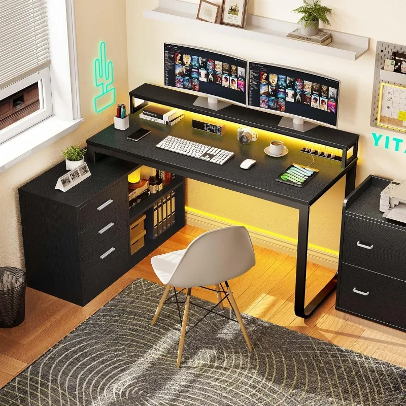 Bureau avec prises de courant, lumière LED et classeur avec tiroirs et étagères de rangement, bureau à domicile avec support pour moniteur