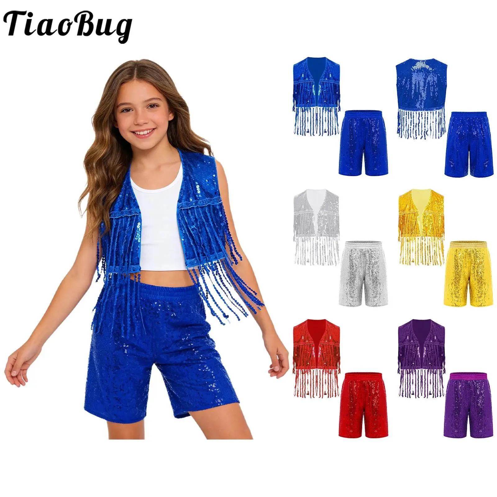 

Kids Boys Glittery Sequin dance Outfit for Jazz Disco Cheerleader Sleeveless Open Front Tiered Tassel Waistcoat Vest and Shorts