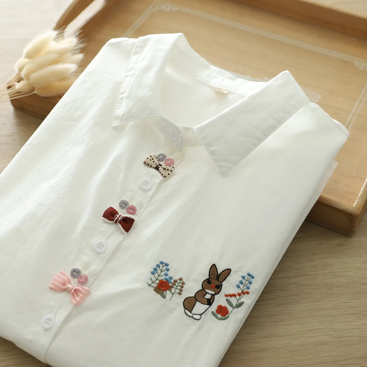 New Spring Cotton Cardigan Shirt Women Lapel Bow Loose Tops Girl Long Sleeve Cartoon Embroidery Blouses 2024 Autumn T42950QM