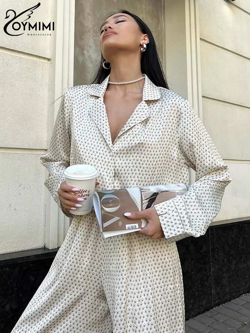 Oymimi Elegant Beige Print 2 Piece Sets Women Outfit Fashion Lapel Long Sleeve Button Shirts + High Waist Straight Trousers Sets