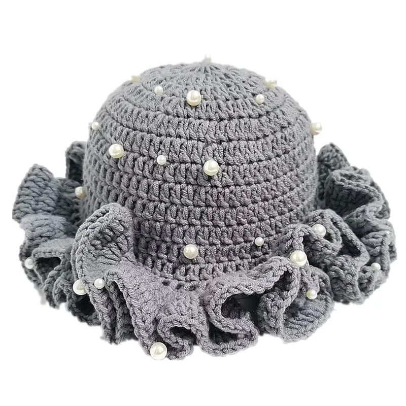 หมวกไหมพรมถักโครเชต์ขอบระบายลายสแกลลอปประดับมุก งานแฮนด์เมดสำหรับผู้หญิง แฟชั่นฤดูหนาว หมวกบีนนี่ถักไหมพรมสำหรับสาวๆ