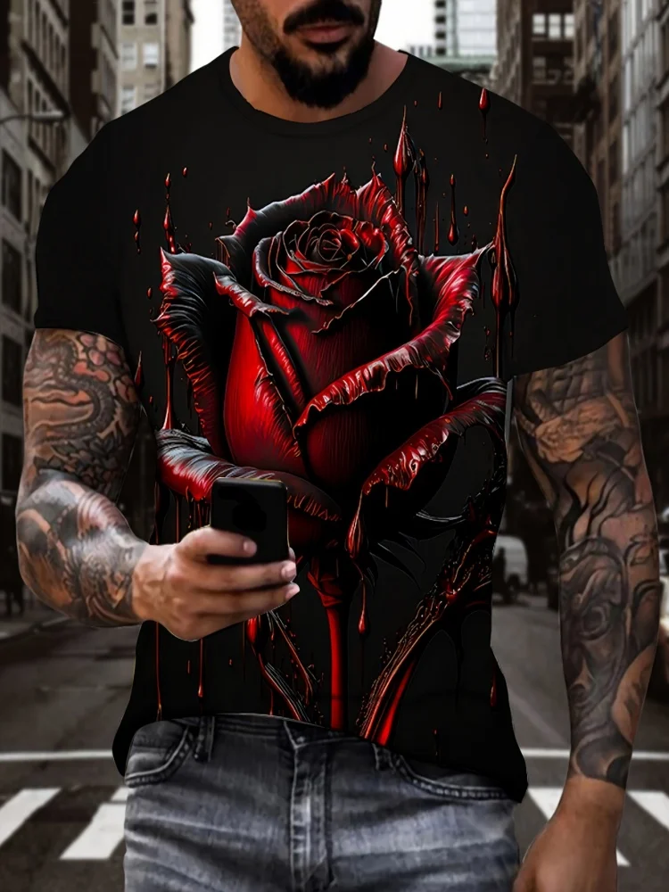 T-Shirt Men Novelty Red Rose 3D Printed Summer Crew Neck Short Sleeve Casual Graphic T Shirts Fashion Oversized Men's Clothing
