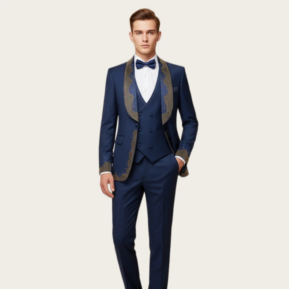 

Luxury Blue Men's Suits Beaded Wedding Groom Tuxedo 3 Pieces Shawl Lapel Single Breasted Formal Prom Slim Fit Blazer Customized