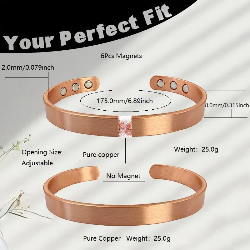 Modisches Magnetarmband aus reinem Kupfer für Damen und Herren, verstellbare Manschettenarmbänder, Arthritis-Gesundheitsschmuck aus massivem Kupfer – Detail 2