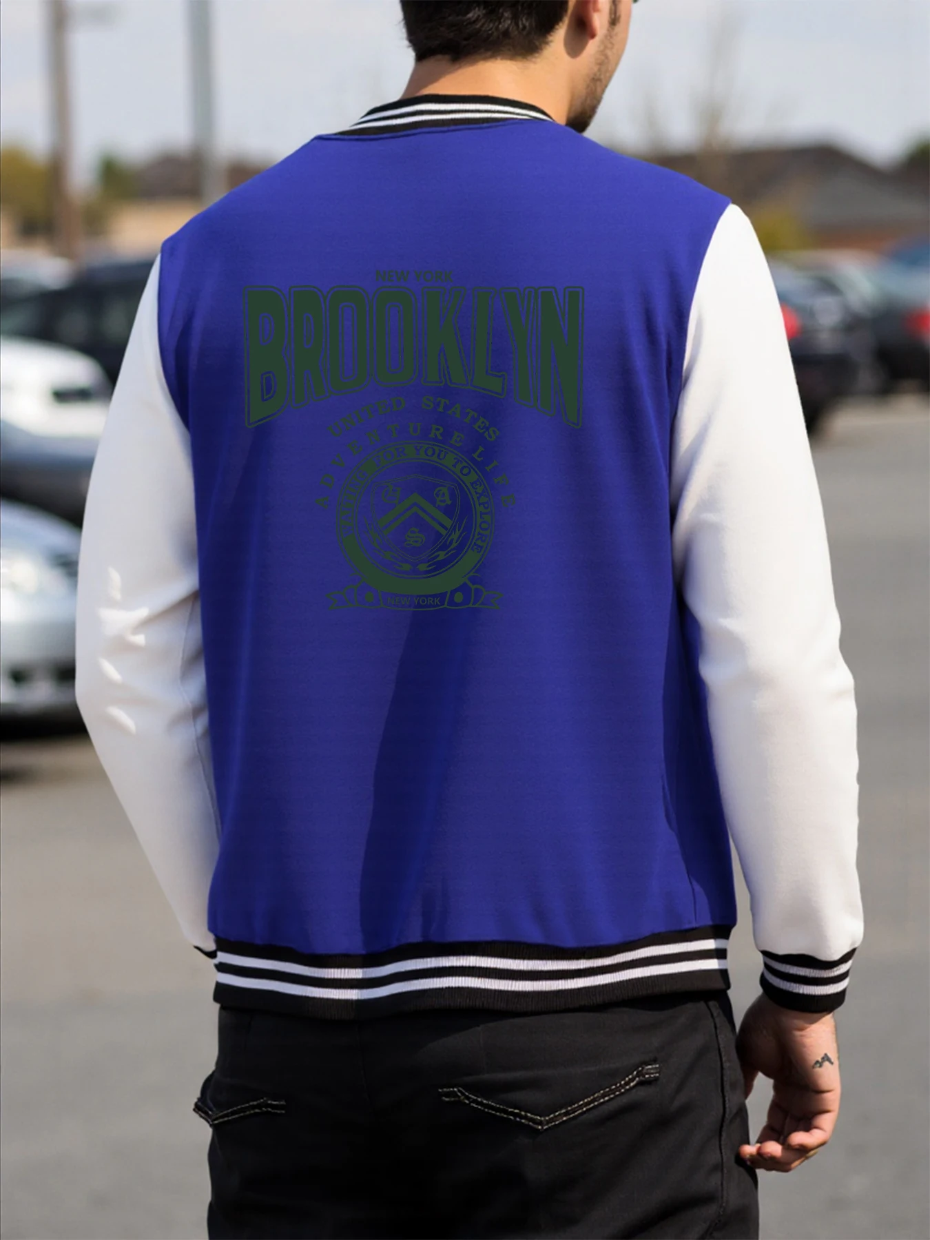 

New York Brdokyn United States Adveture Print Jackets Men Autumn Warm Menswear Fleece Pullover Clothes Pocket Loose Long Sleeve