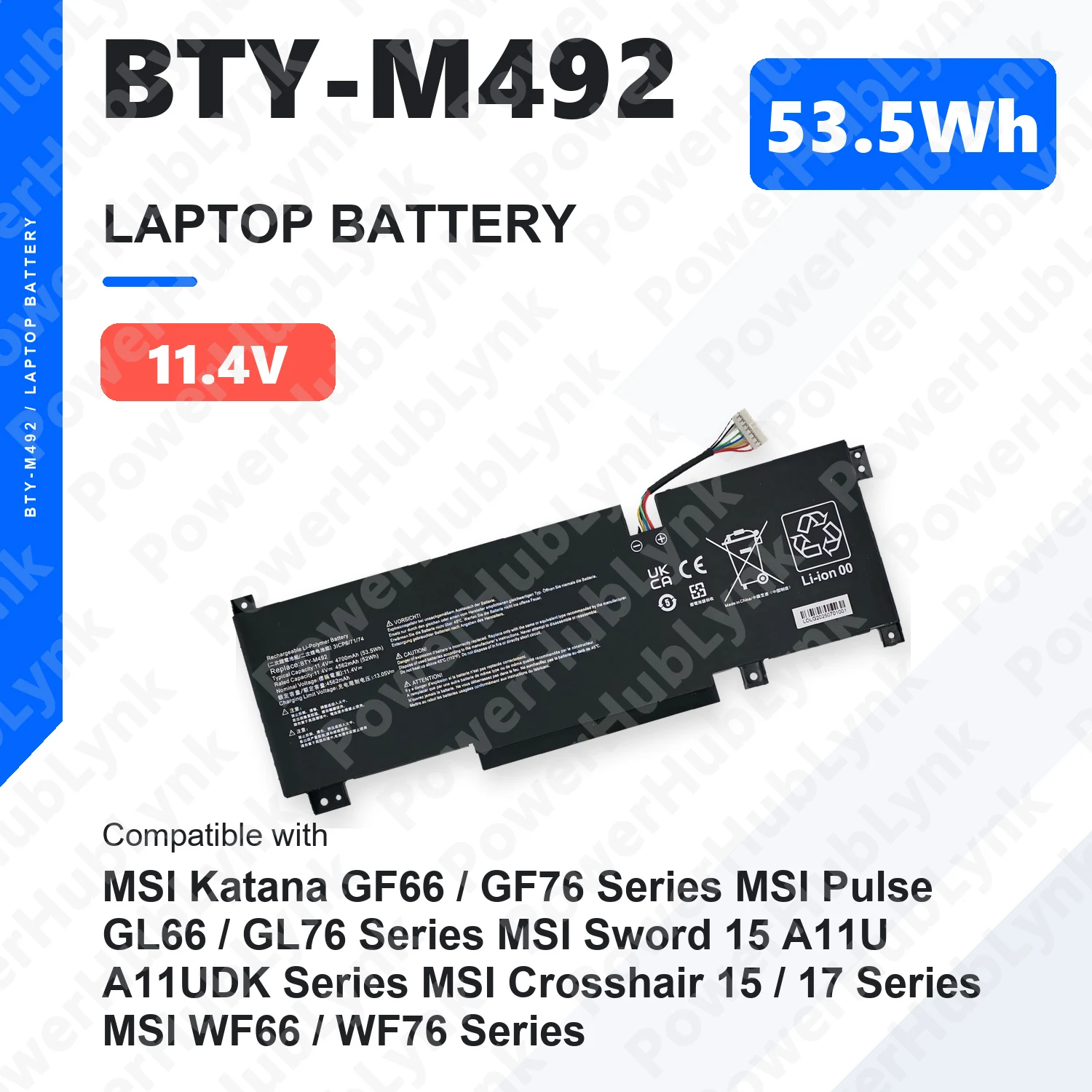 BTY-M492 11.4V 53.5Wh Laptop Battery For MSI Katana GF66 GF76 Pulse GL66 GL76 Sword 15 Crosshair 15 17 WF76 3ICP6/71/74
