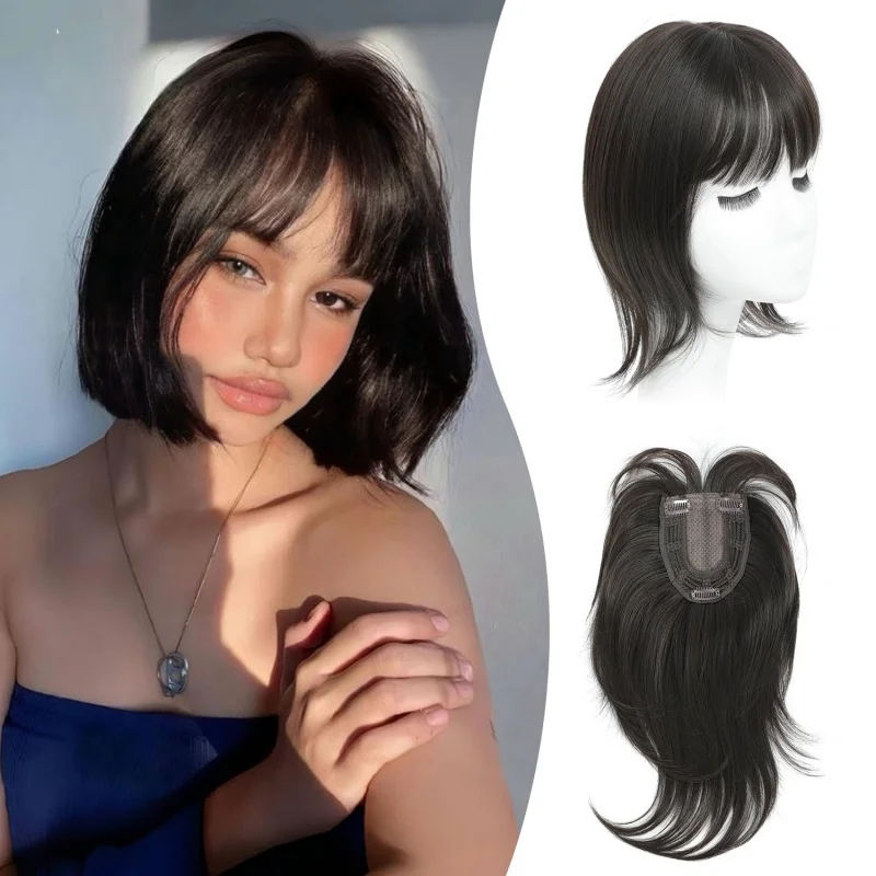 

12-дюймовый синтетический топпер для волос с челкой | 360 ° Накладка-клипса, прямые волосы 4x5 дюймов для женщин (темно-коричневый)