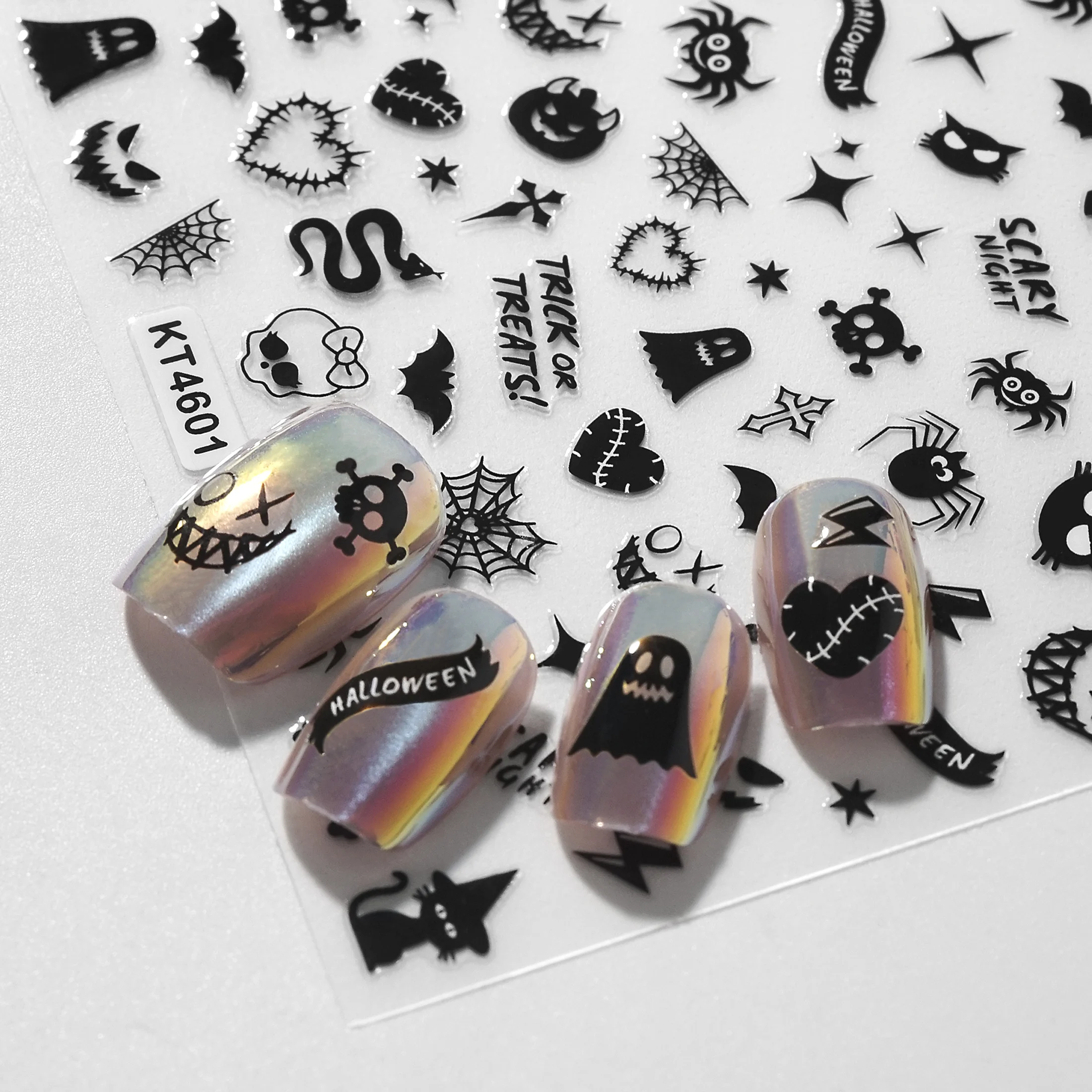3D ฮาโลวีนสติ๊กเกอร์เล็บ Skull ฟักทองค้างคาว Spider Web ออกแบบเล็บสติ๊กเกอร์ Punk Goth สไตล์สติกเกอร์สําหรับเล็บ DIY