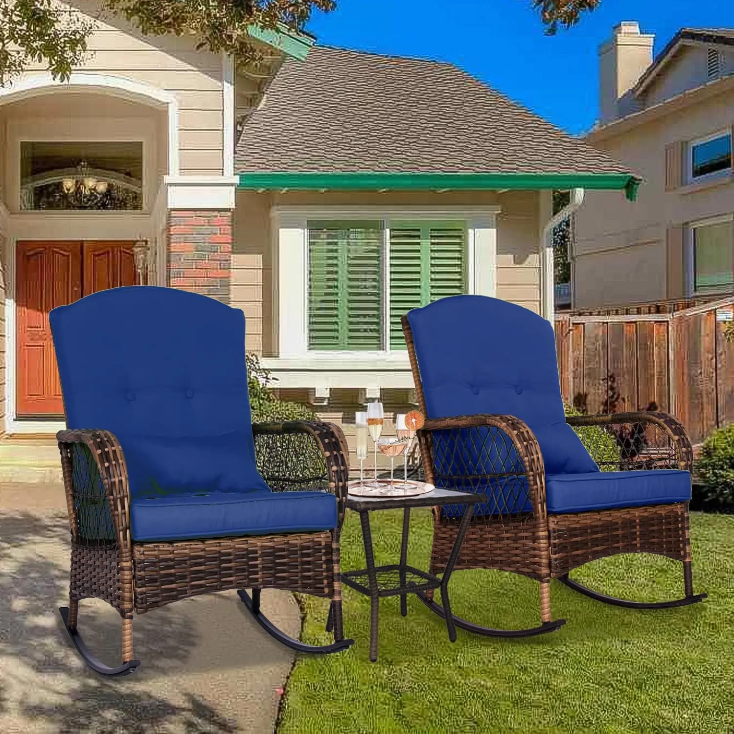 Outdoor Wicker Set PE Rattan Wicker  Chairs with Cushion  Set with Glass-Top Coffee Table for Garden, Pool, Backyard