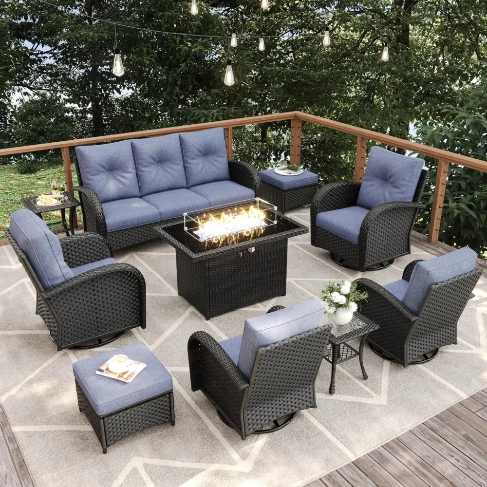 

10 Pieces Patio Furniture Sets with Fire Pit Table, Wicker Rattan High Back Outdoor Swivel Rocking Chairs Set, Garden Sofa Set