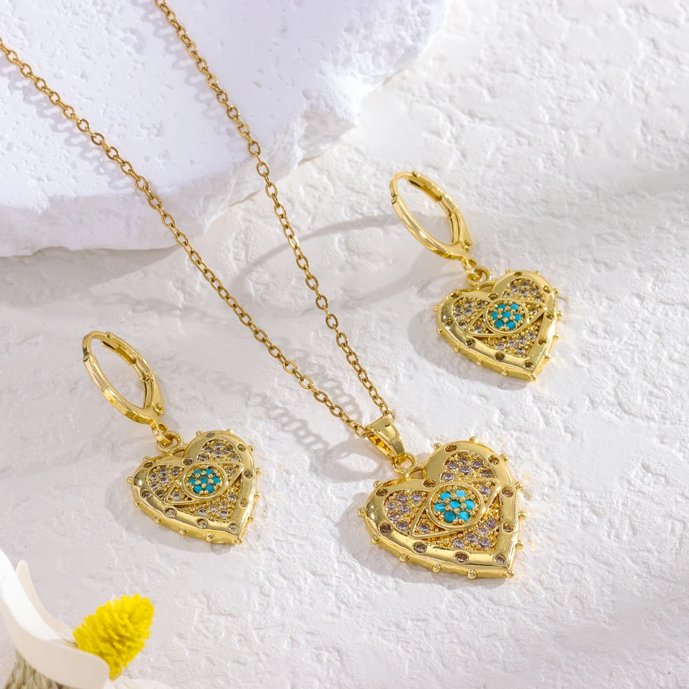 Neue blaue Evil-Eye-Halsketten und Ohrringe für Damen, trendiger Retro-Stil, Punk, 18K vergoldeter Edelstahl-Schmuckset