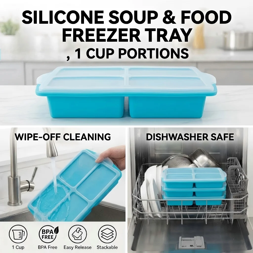 Silicone Freezer Tray with Lid Leakproof BPA-Free Stackable Soup Storage Mold for Food Broth Preservation Kitchen Container