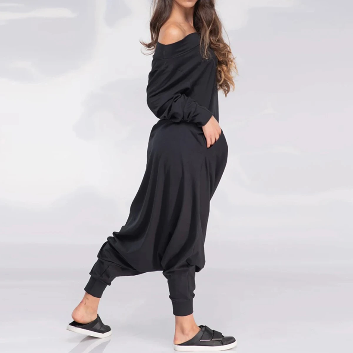 Uslemon Fashion Female Simple Black Casual Loose Solid Color Long Sleeves Pockets Off-The-Shoulder Jumpsuits For Women