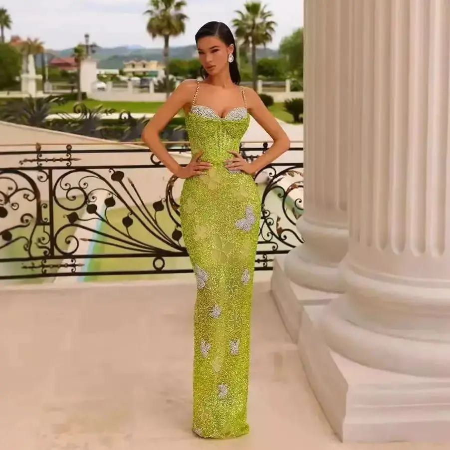

Haute Couture Shining Butterfly Diamonds Yellow Green Sequins Floor Length Dress Birthday Party Dress Celebrity Banquet Outfit