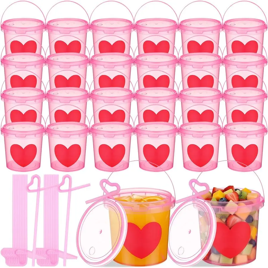 

Набор из 32-унцевых пластиковых ведерок ко Дню святого Валентина с крышками и трубочками, в форме сердца, для коктейлей, рома, напитков и мороженого, многоразовые, для пунша
