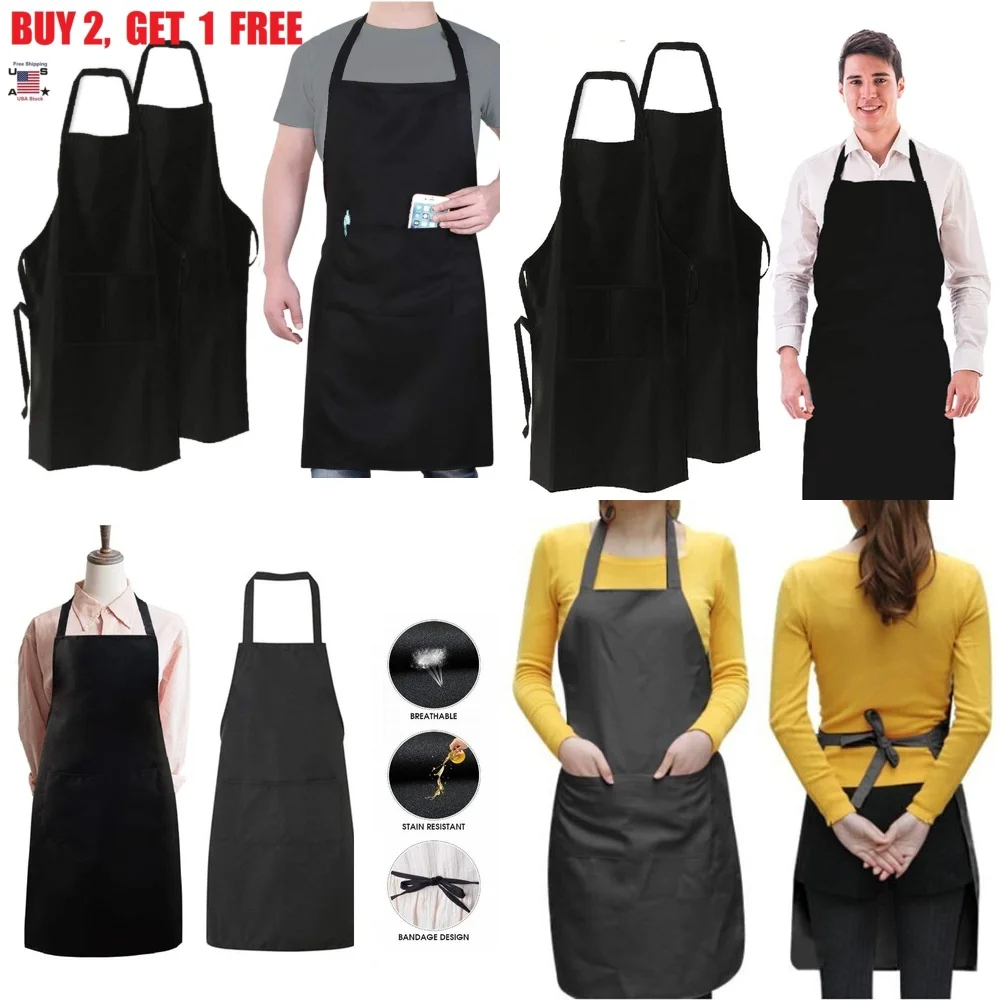 

Однотонный черный кухонный фартук для приготовления пищи, ресторана, платье-нагрудник унисекс с двумя карманами, спецодежда для мытья посуды, барбекю, гриля, США