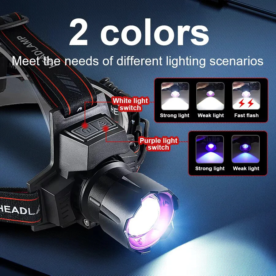 Super Powerful LED Headlamp White/Purple Light Rechargeable 395 UV Headlight 18650 Head Flashlight Waterproof Fishing Lantern