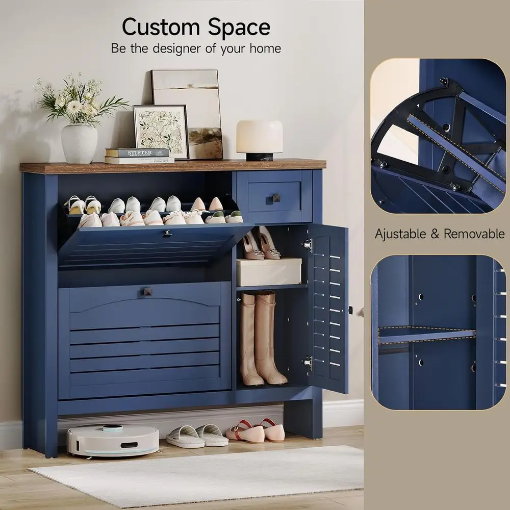 Scarpiera blu navy con 2 cassetti, 1 cassetto, armadietto laterale, organizer per scarpe ventilato e ripiani regolabili per ingresso