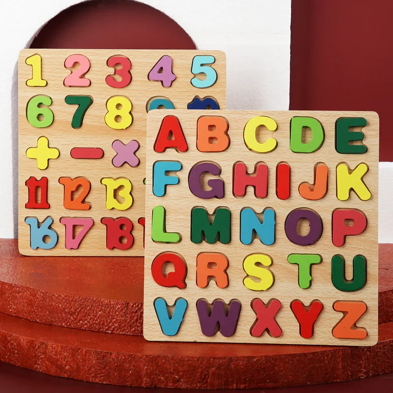 

Children's Puzzle Numeric Alphabet Building Blocks Baby Early Education Puzzle Toys Cognitive Hand Grasping Board Wooden Toys