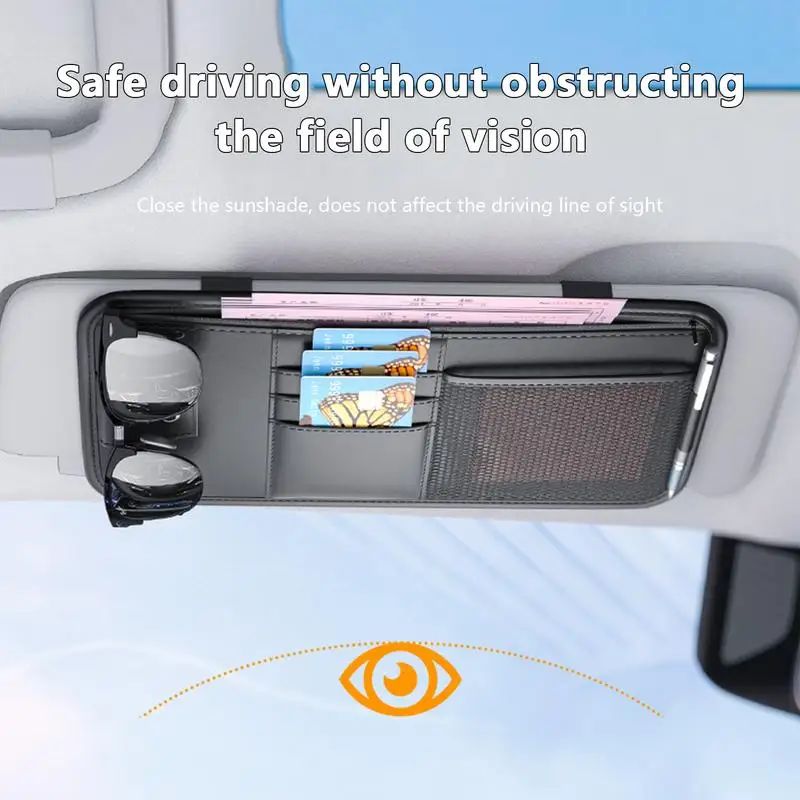 Universall Car Sun Visor Eyeglass Hanger PU Leather Glasses Holder with pockets Multi-Function Automobile Storage Accessories