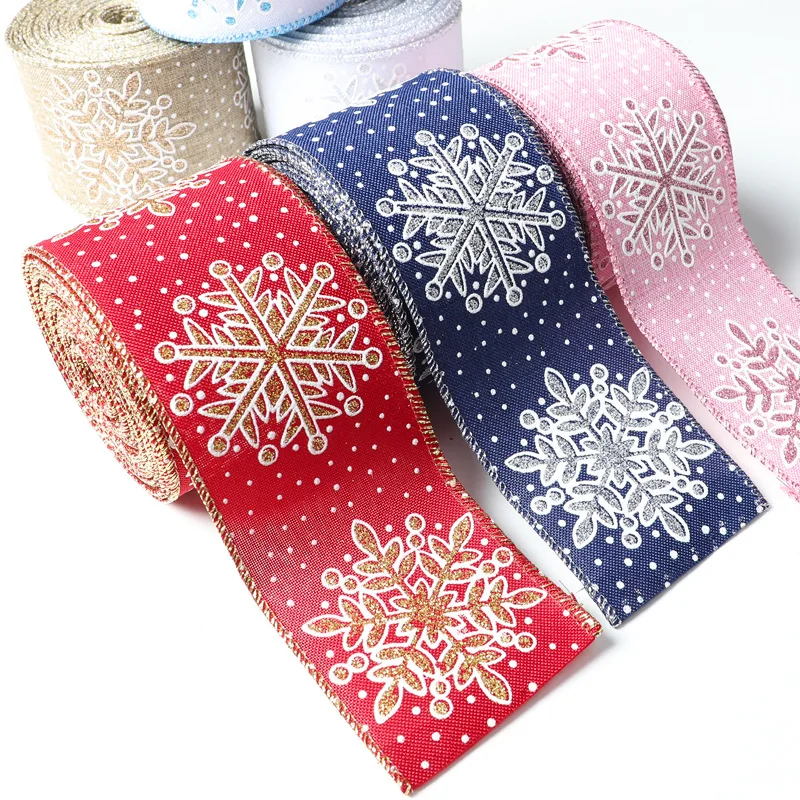 6.3cm×10yards Christmas Fine Linen Snowflake Printed Ribbon Christmas Decoration Accessories Red Blue Christmas Bow DIY Ribbon