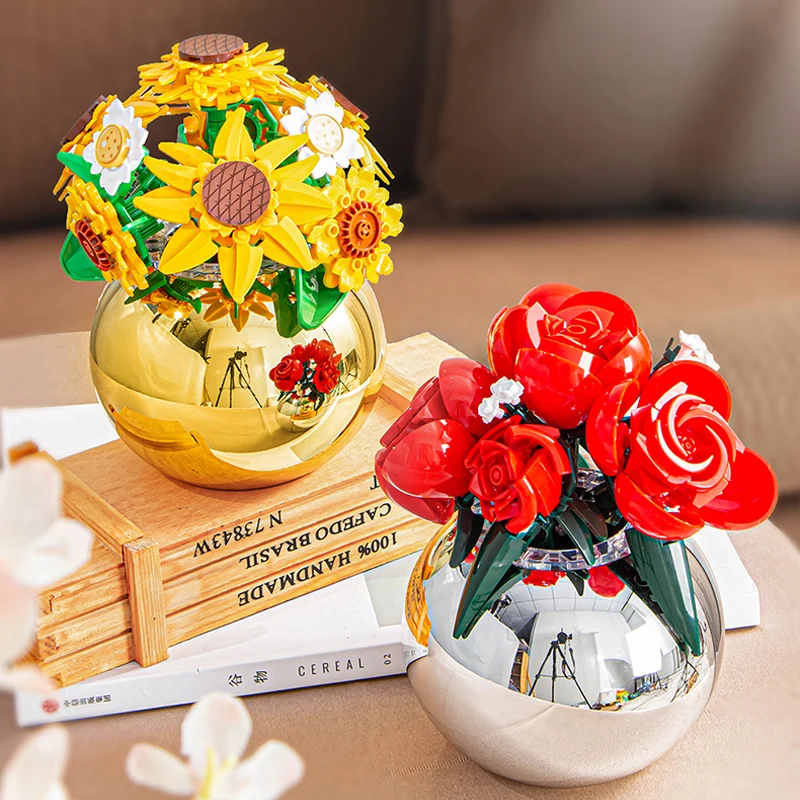 Anime Baustein Blumen Ewige Blume Topfpflanzen Rosen Desktop Dekorationen Sonnenblumen Spielzeug Zusammengebautes Puzzle Geschenke Mädchen