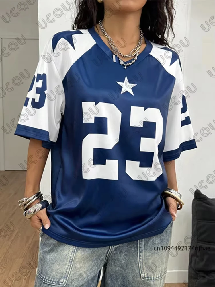 New Summer Blue New York 23 Print Women T-Shirt V-Neck Patchwork Short Sleeve Sports Football Jersey Y2K Loose Oversized Tops