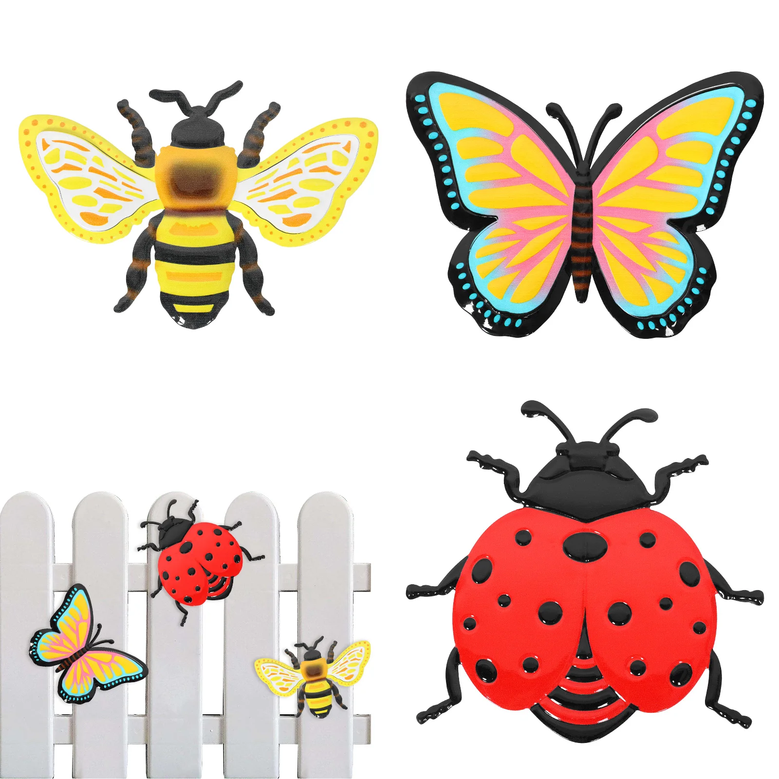 3Pcs Metal Insects Wall Art Decoration Waterproof Ladybug Butterflies Bee Shaped Garden Decor Pendant for Entryway Fence Balcony