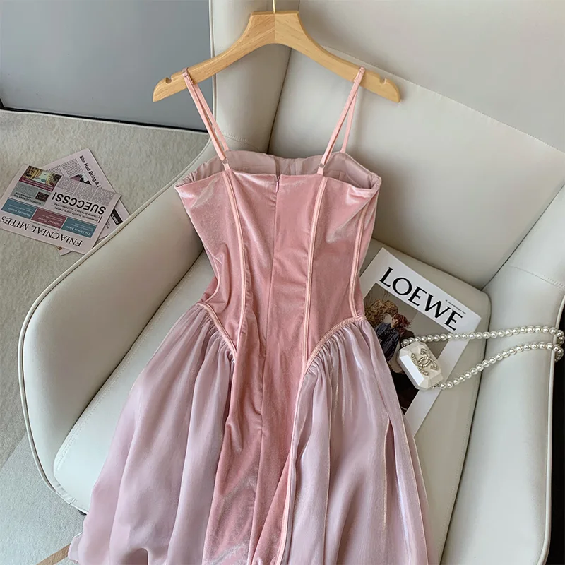 Mini Dress Women Sexy Sleeveless Pink Slim Party V-neck Spaghetti Strap Dresses Fashion Vintage Tube A-line Vestidos Female