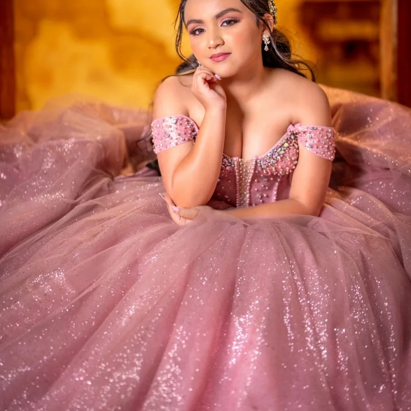 Shiny Pink Quinceanera Dress Crystal Glitter Pearl Decal Long tail off-shoulder Bow Lace Vestidos De 15 Quinceanera ﻿Customize